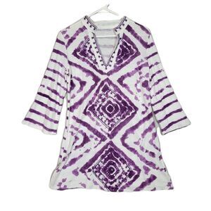 INC Geometric Tie Dye Tunic Top Womens Medium Embellished Art To Wear Bohemian
